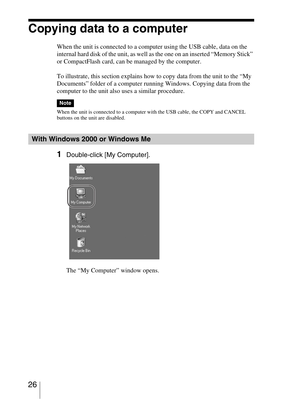 Copying data to a computer, With windows 2000 or windows me | Sony HDPS-M10 User Manual | Page 26 / 53