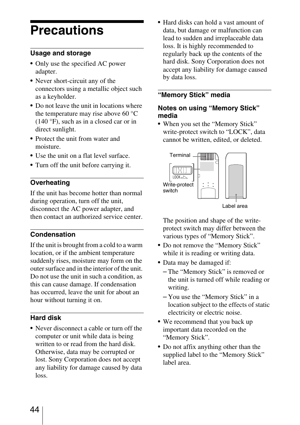 Precautions | Sony HDPS-M10 User Manual | Page 44 / 53