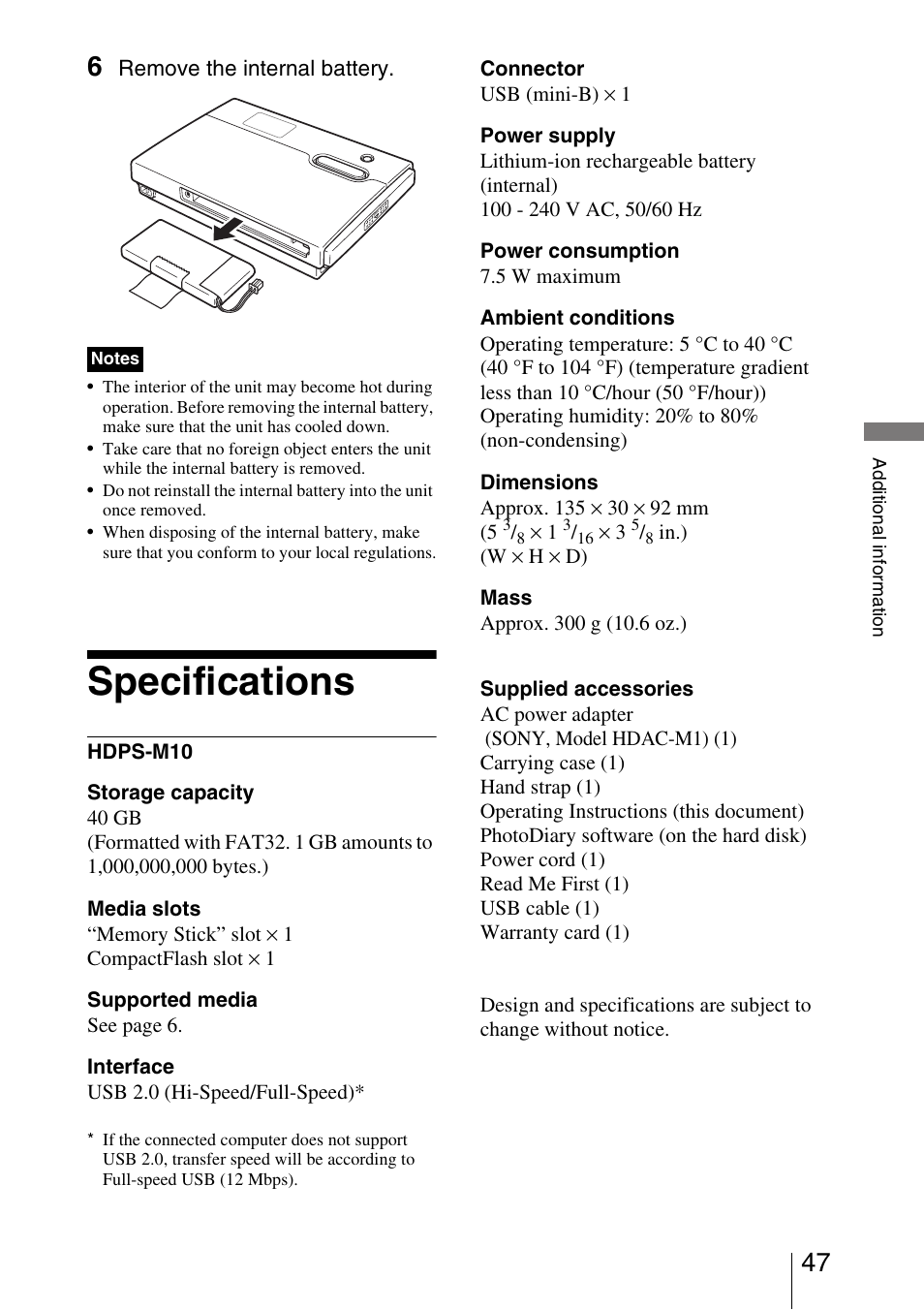 Specifications | Sony HDPS-M10 User Manual | Page 47 / 53