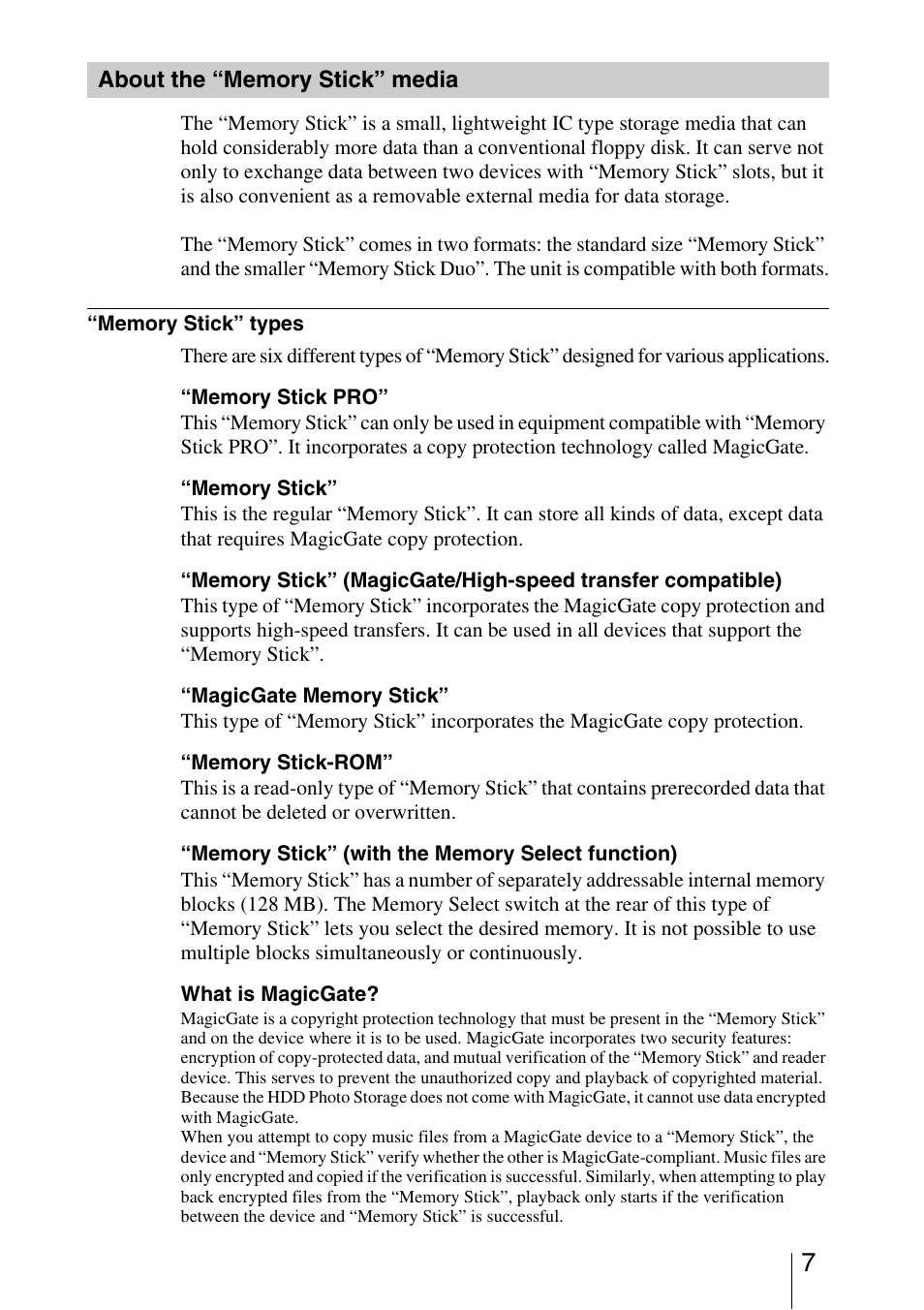 About the “memory stick” media, About the “memory stick, Media | Sony HDPS-M10 User Manual | Page 7 / 53