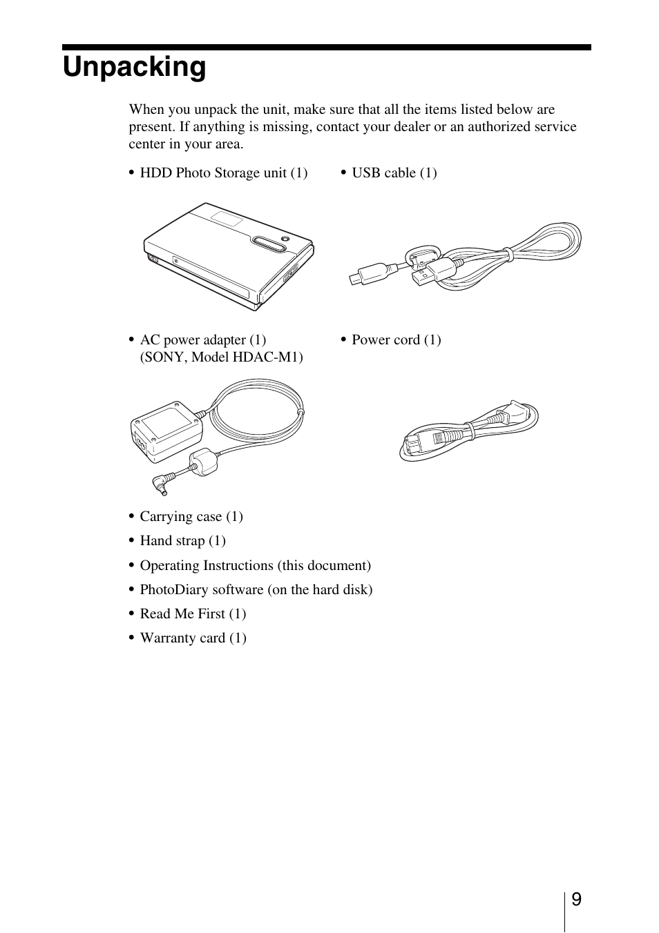 Unpacking | Sony HDPS-M10 User Manual | Page 9 / 53