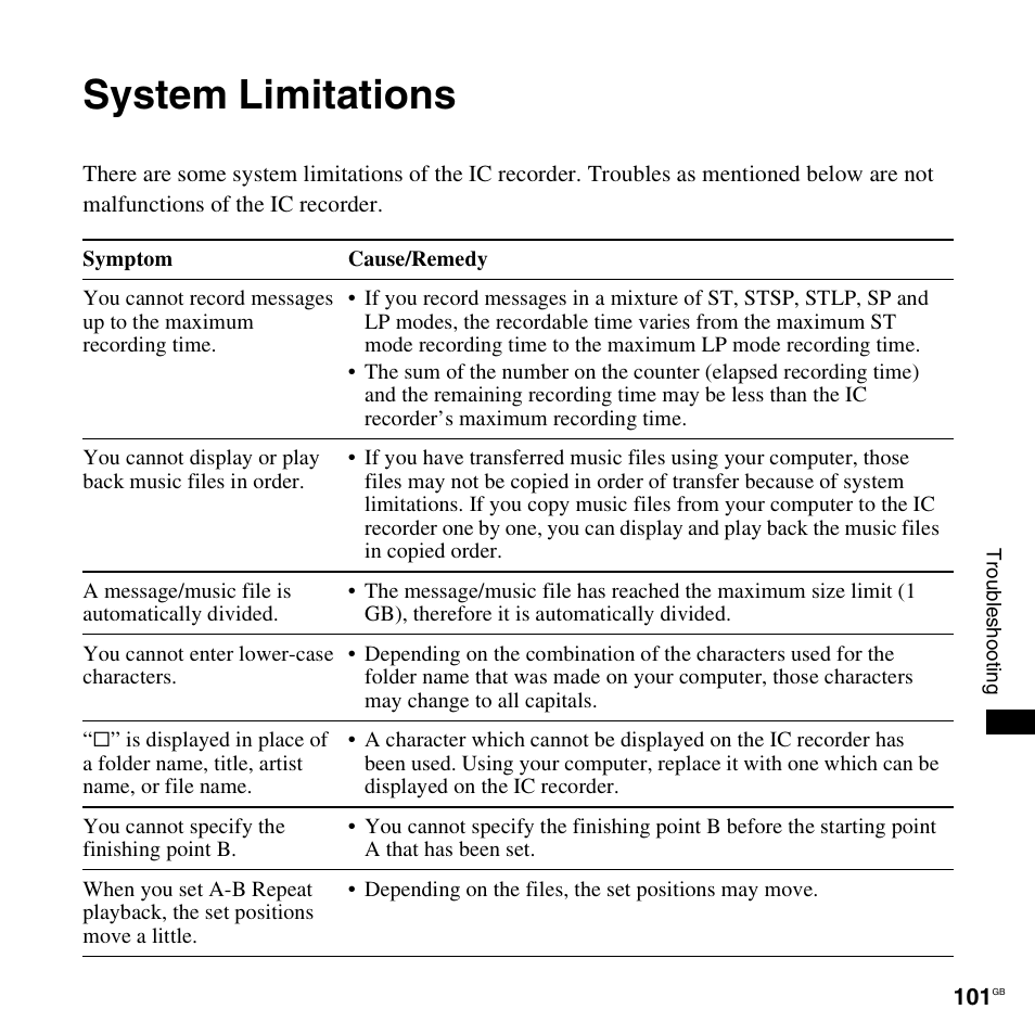 System limitations | Sony ICD-UX300 User Manual | Page 101 / 112