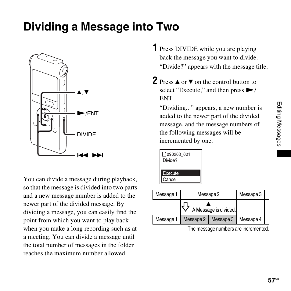 Dividing a message into two | Sony ICD-UX300 User Manual | Page 57 / 112