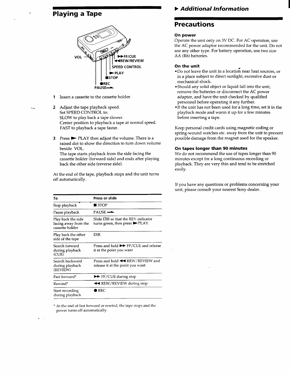 Precautions, On power, On the unit | On tapes longer than 90 minutes, Playing a tape, Additional information | Sony TCM-59V User Manual | Page 6 / 6