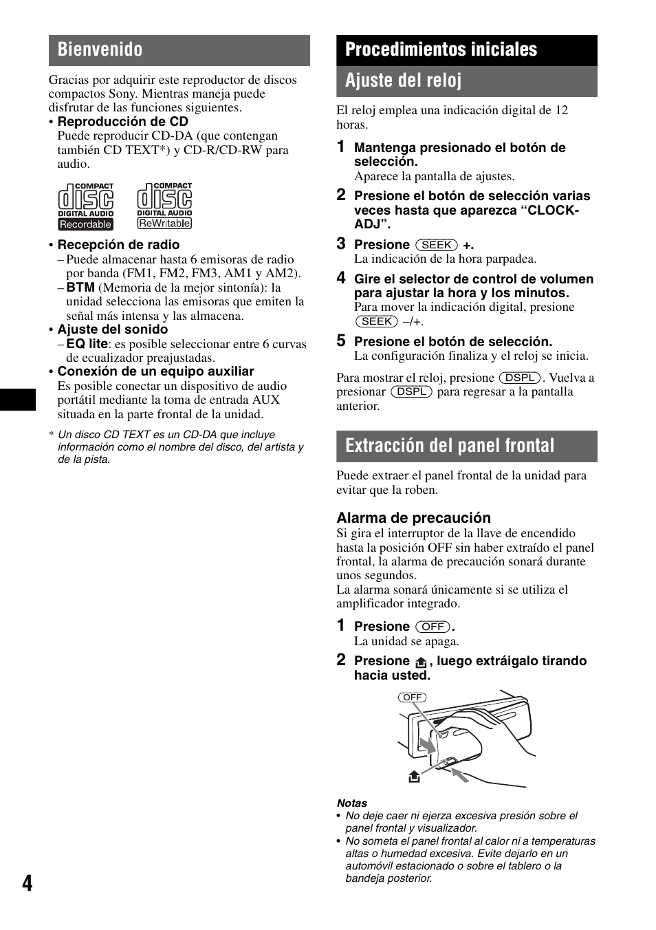 Bienvenido, Procedimientos iniciales, Ajuste del reloj | Extracción del panel frontal, Ajuste del reloj extracción del panel frontal, Procedimientos iniciales ajuste del reloj | Sony CDX-GT11W User Manual | Page 16 / 28