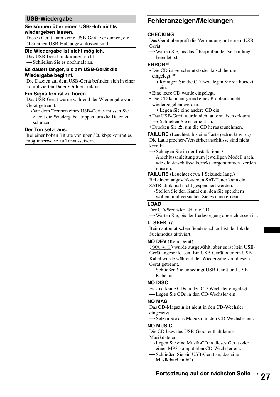 Fehleranzeigen/meldungen | Sony CDX-H910UI User Manual | Page 103 / 132