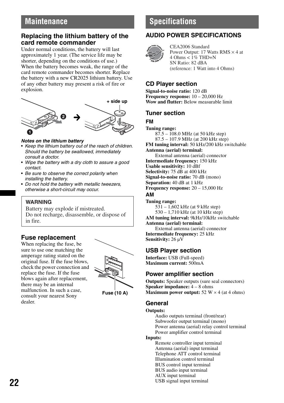 Maintenance, Specifications, Maintenance specifications | Sony CDX-H910UI User Manual | Page 22 / 132