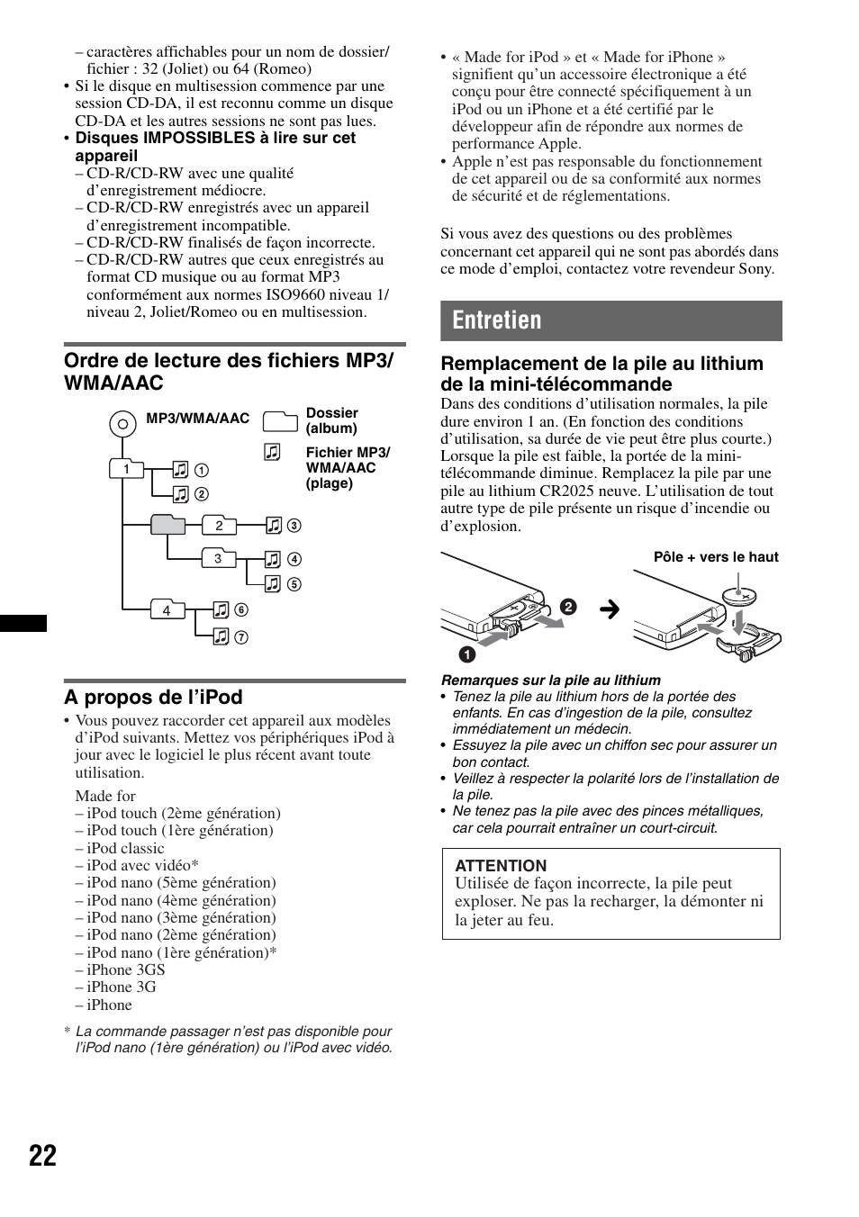 Ordre de lecture des fichiers mp3/ wma/aac, A propos de l’ipod, Entretien | Sony CDX-H910UI User Manual | Page 46 / 132