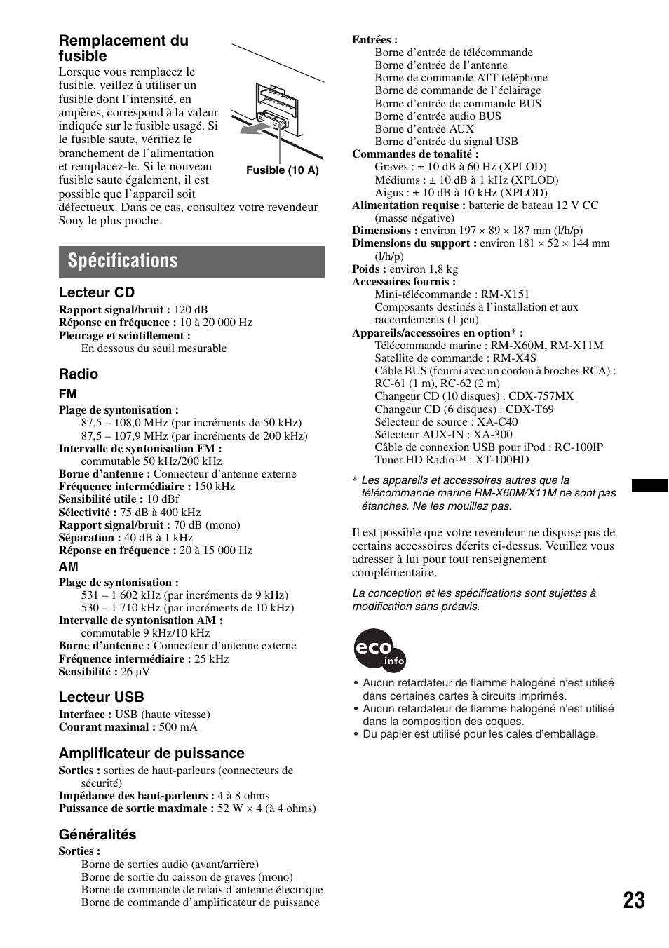 Spécifications, Remplacement du fusible | Sony CDX-H910UI User Manual | Page 47 / 132