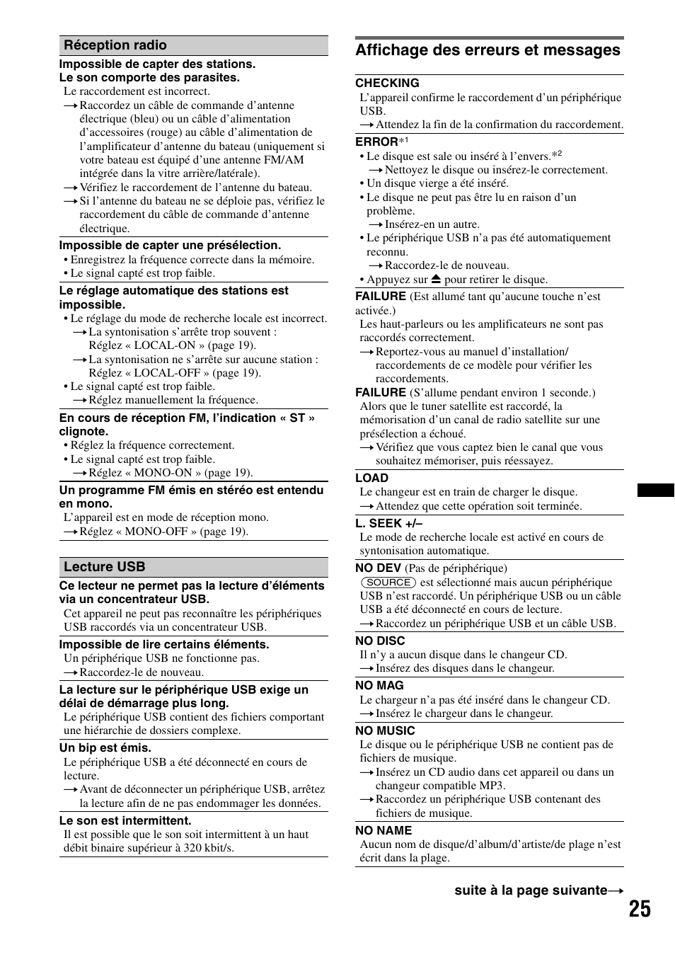 Affichage des erreurs et messages | Sony CDX-H910UI User Manual | Page 49 / 132