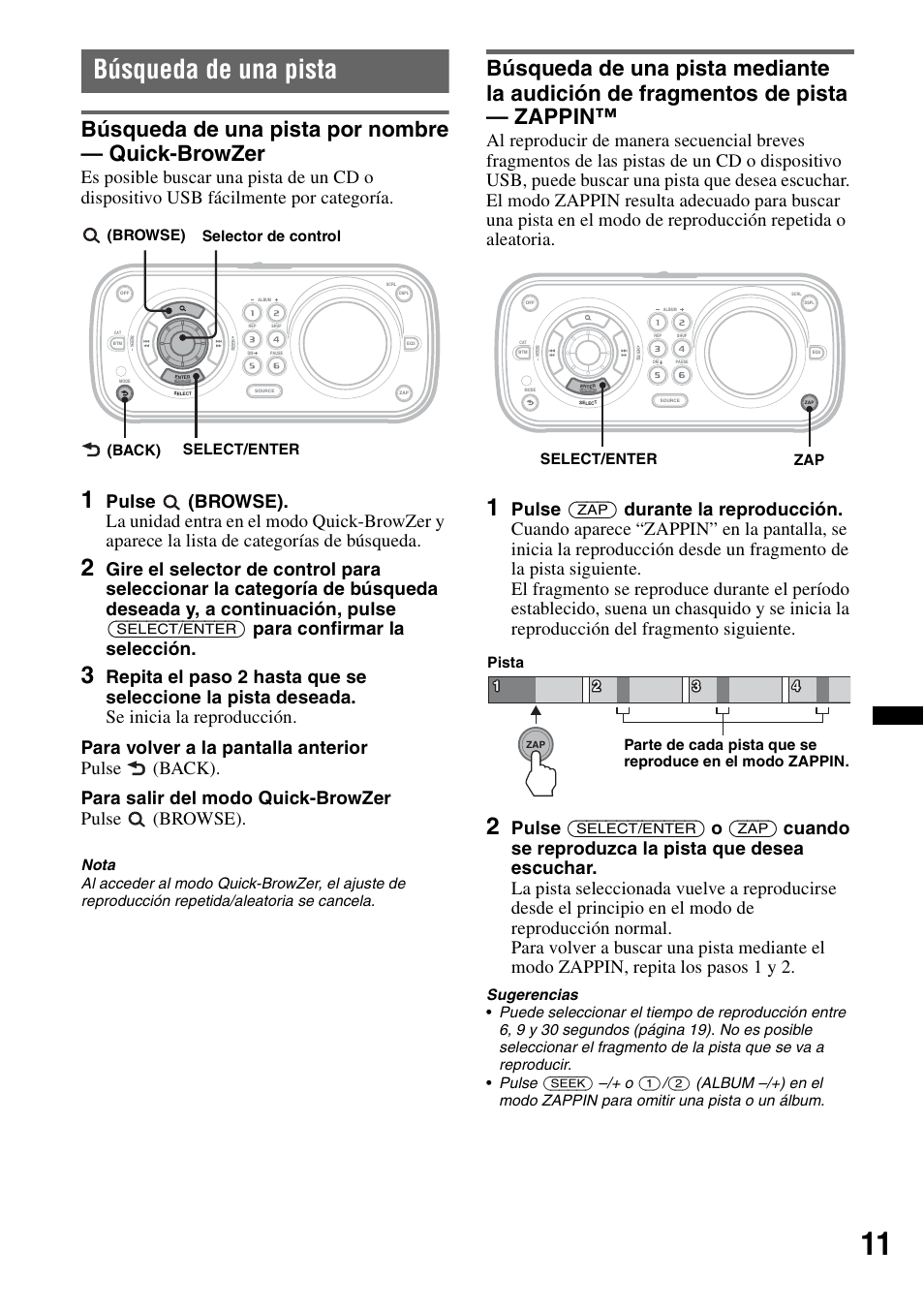 Búsqueda de una pista, Búsqueda de una pista por nombre - quick-browzer, Búsqueda de una pista por nombre — quick-browzer | Browse) selector de control (back) select/enter, Zap select/enter | Sony CDX-H910UI User Manual | Page 61 / 132