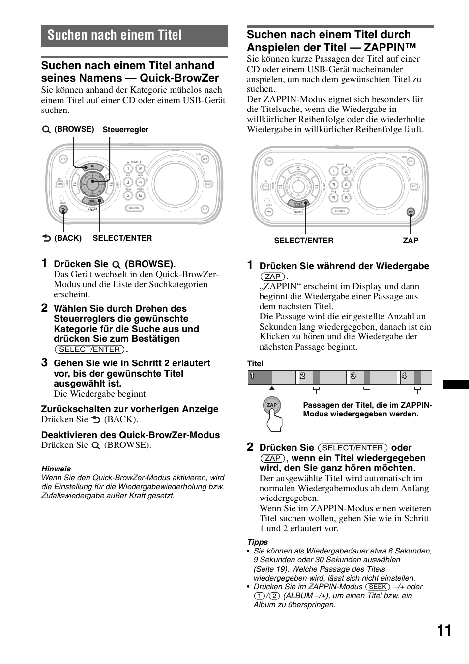 Suchen nach einem titel, Seite 11, Browse) steuerregler (back) select/enter | Zap select/enter | Sony CDX-H910UI User Manual | Page 87 / 132