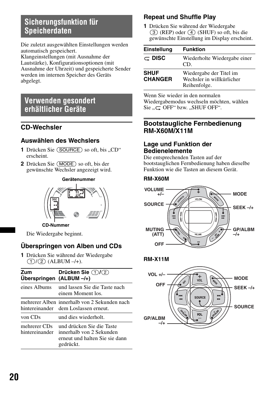 Sicherungsfunktion für speicherdaten, Verwenden gesondert erhältlicher geräte, Cd-wechsler | Bootstaugliche fernbedienung rm-x60m/x11m | Sony CDX-H910UI User Manual | Page 96 / 132