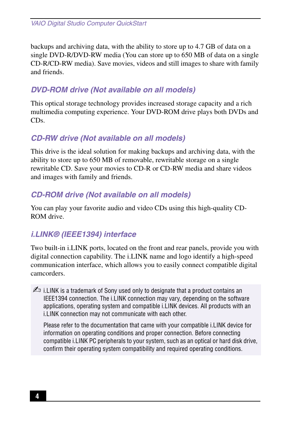 Dvd-rom drive (not available on all models), Cd-rw drive (not available on all models), Cd-rom drive (not available on all models) | I.link® (ieee1394) interface | Sony PCV-RX590G User Manual | Page 4 / 28