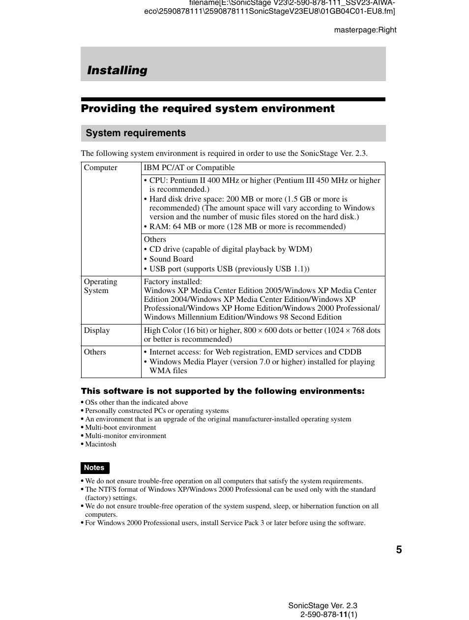 Installing, Providing the required system environment, System requirements | Sony VGF-AP1L User Manual | Page 5 / 20