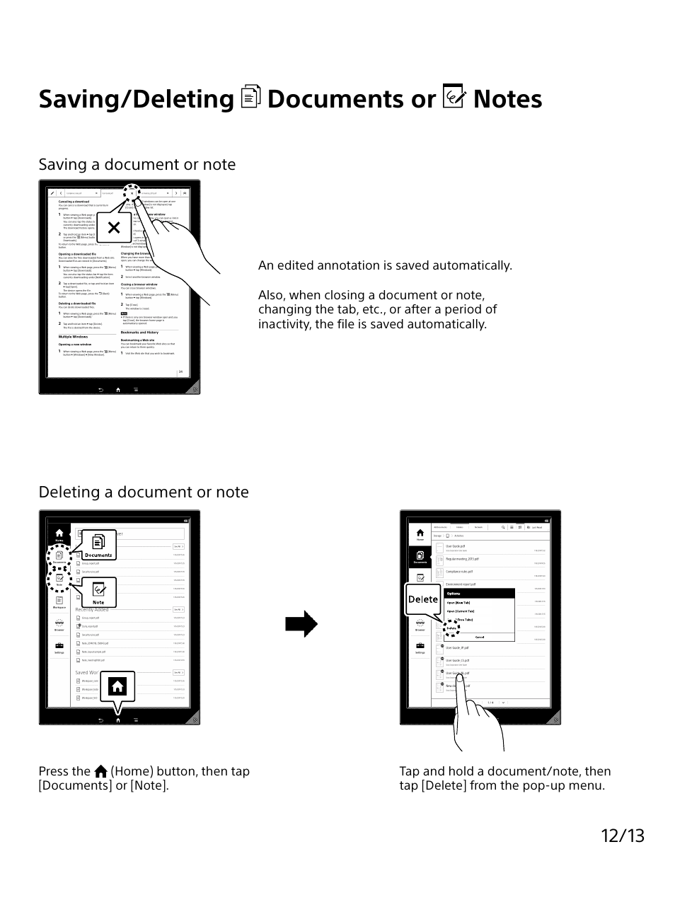 Saving/deleting documents or notes | Sony DPT-S1 User Manual | Page 12 / 13
