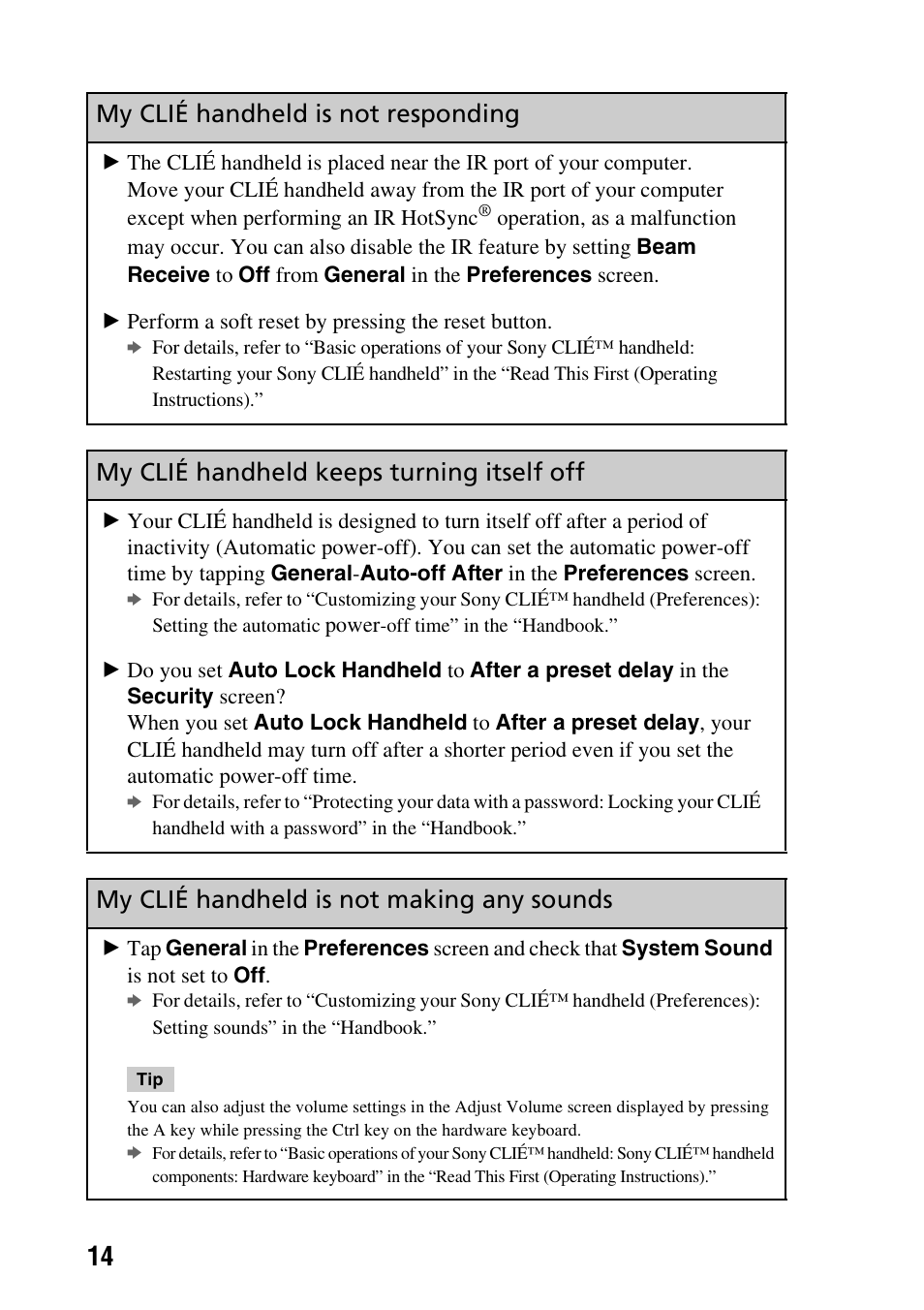 My clié handheld keeps turning itself off, My clié handheld is not making any sounds | Sony PEG-TG50 User Manual | Page 14 / 56