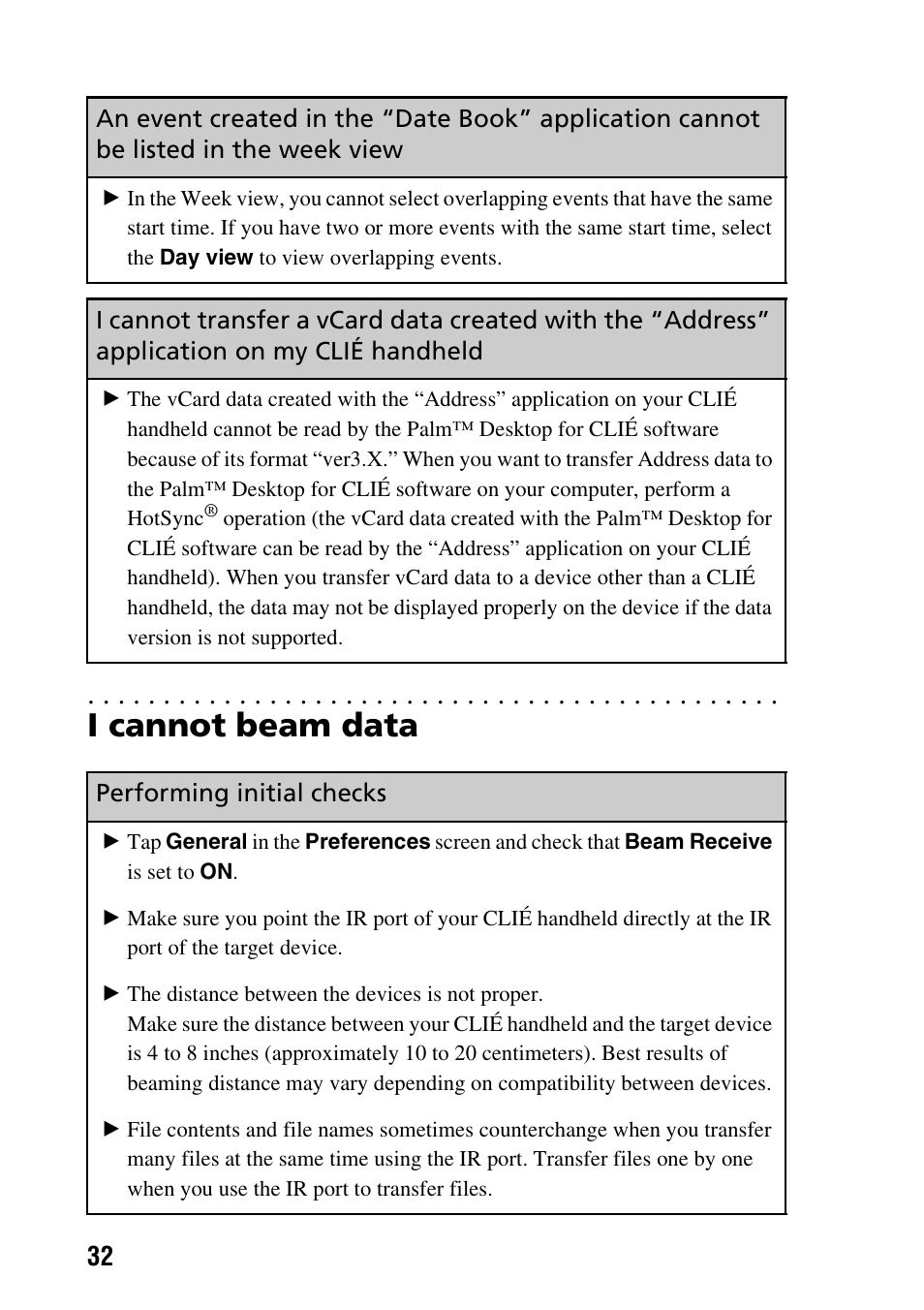 I cannot beam data, Performing initial checks | Sony PEG-TG50 User Manual | Page 32 / 56