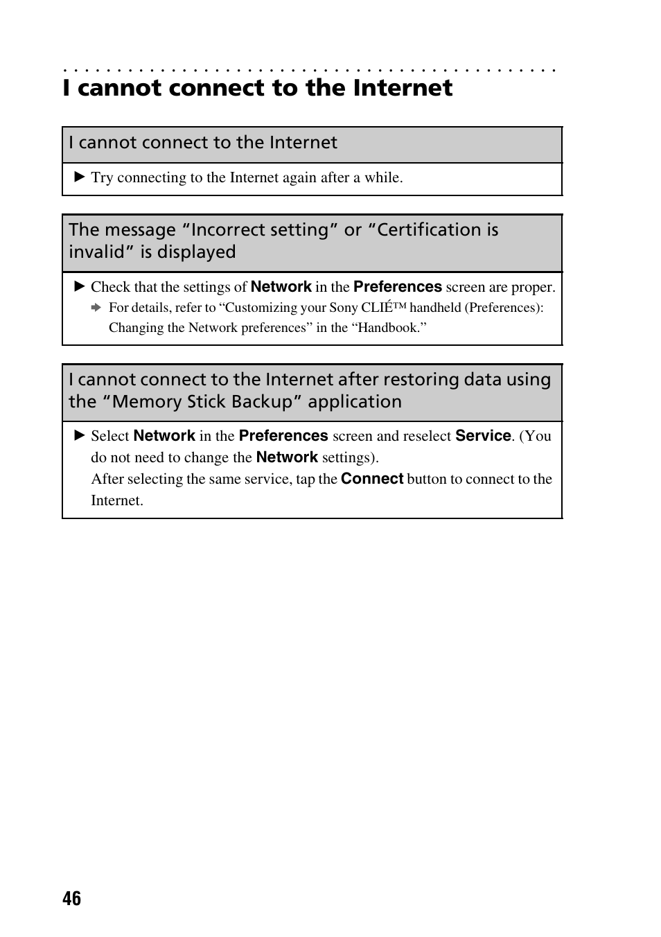 I cannot connect to the internet | Sony PEG-TG50 User Manual | Page 46 / 56