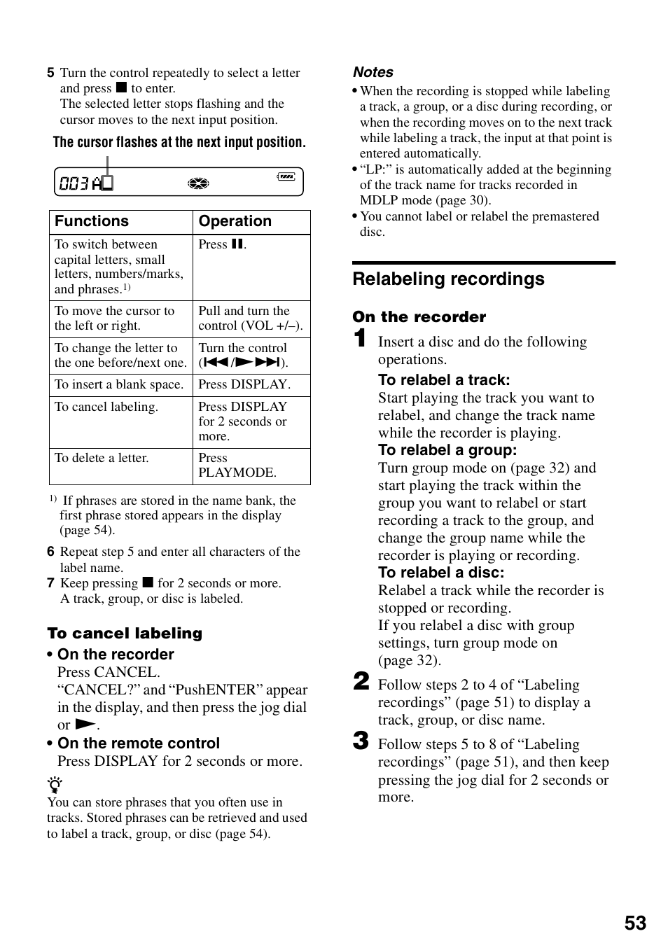 Relabeling recordings | Sony MZ-N1 User Manual | Page 53 / 96