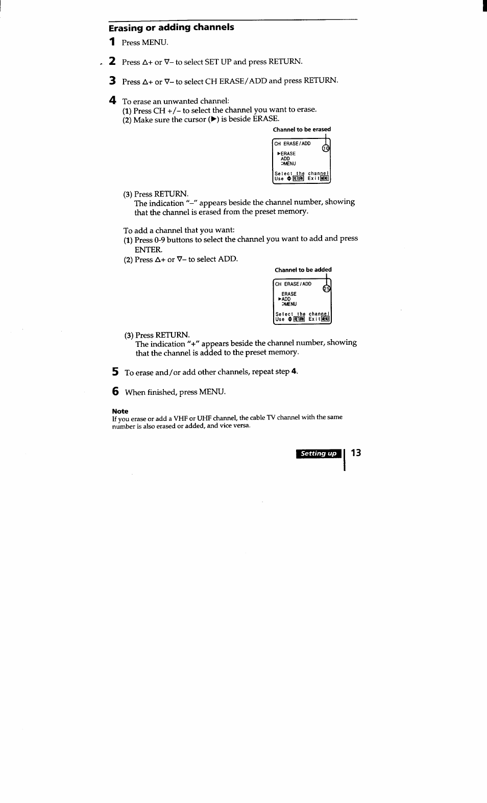 Erasing or adding channels | Sony KV-20S10 User Manual | Page 12 / 23