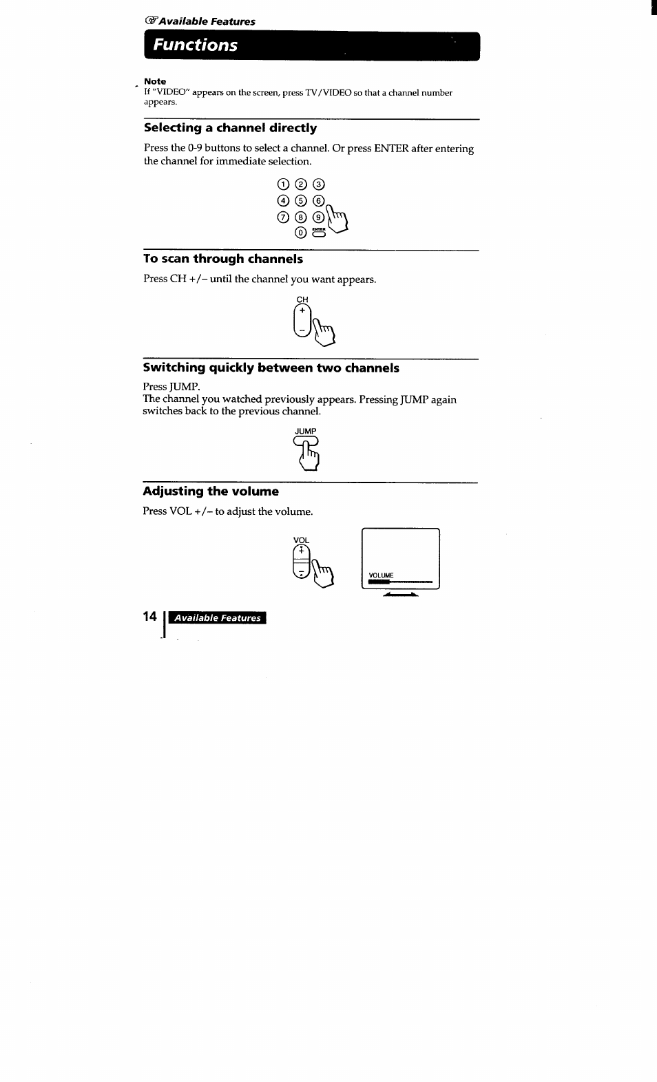 Functions, Selecting a channel directly, To scan through channels | Switching quickly between two channels, Adjusting the volume | Sony KV-20S10 User Manual | Page 13 / 23
