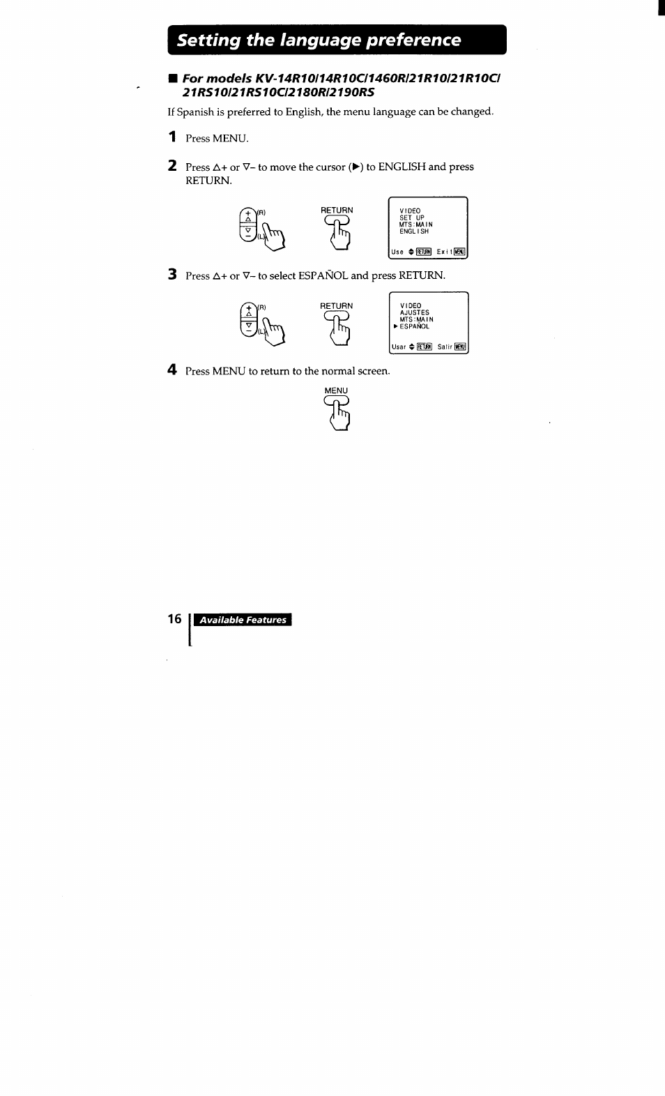 Setting the language preference | Sony KV-20S10 User Manual | Page 15 / 23