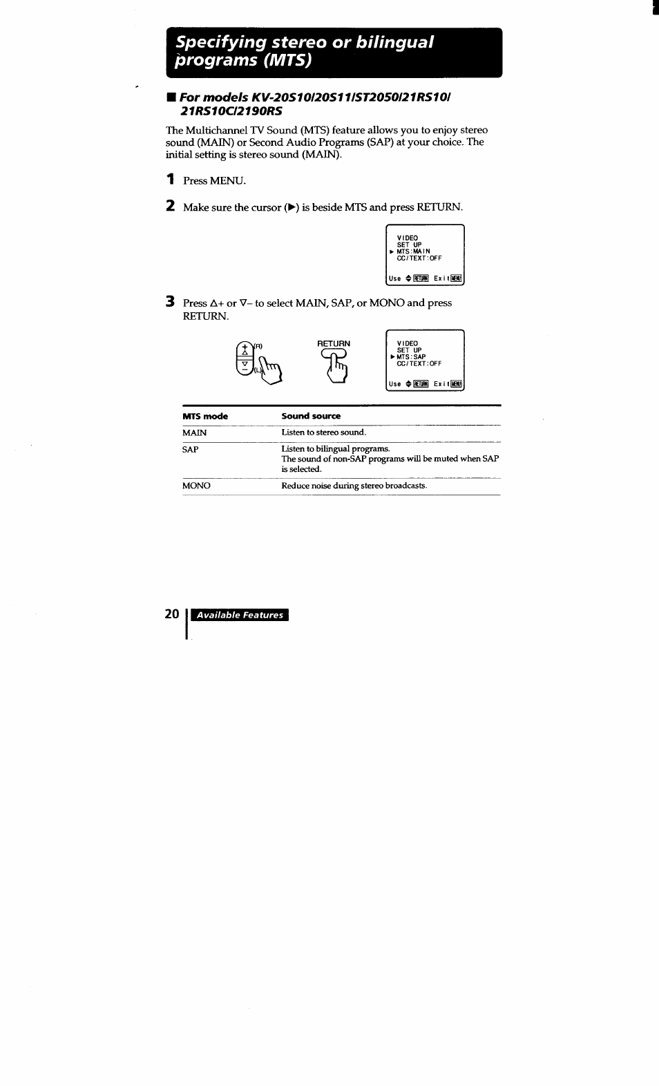 Specifying stereo or bilingual programs (mts) | Sony KV-20S10 User Manual | Page 19 / 23