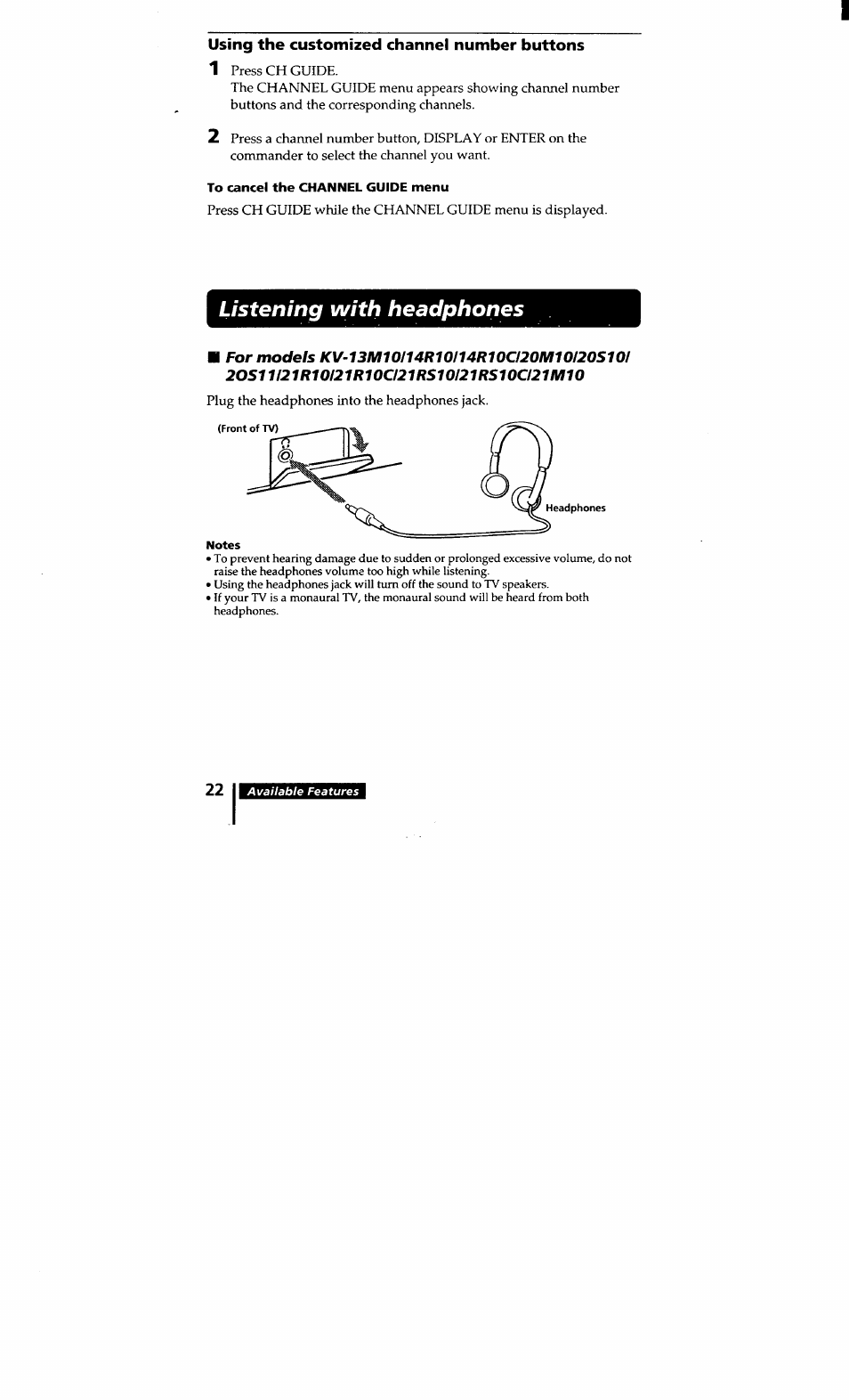 Using the customized channel number buttons, Listening with headphones | Sony KV-20S10 User Manual | Page 21 / 23