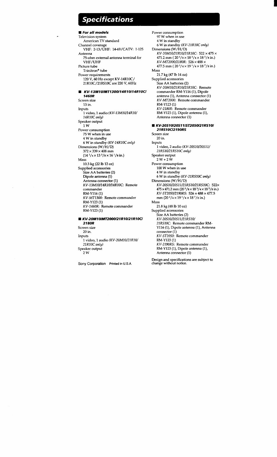 Specifications | Sony KV-20S10 User Manual | Page 22 / 23