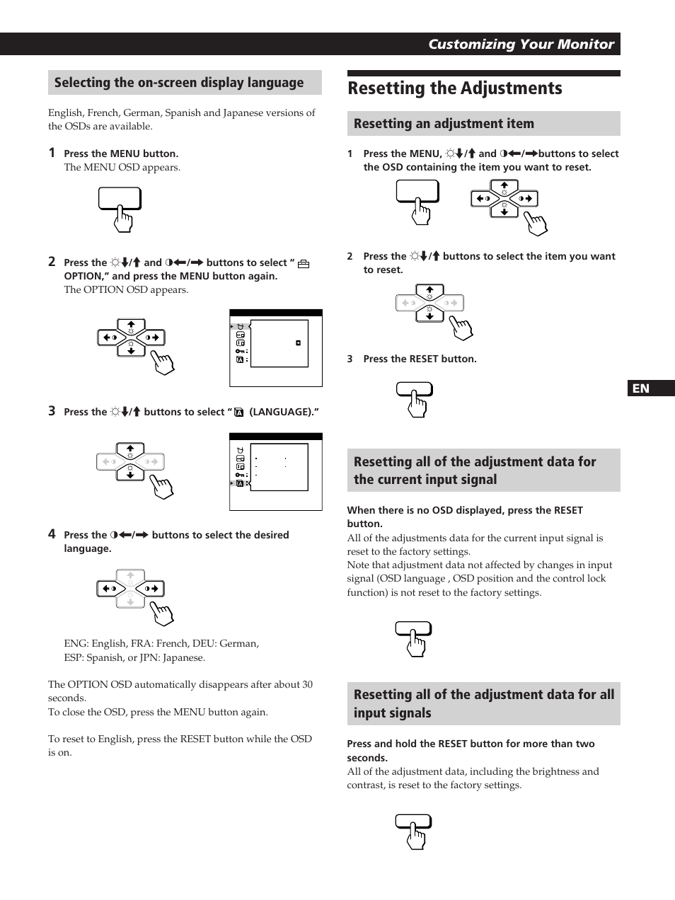 Resetting the adjustments, Getting started customizing your monitor, Resetting an adjustment item | Selecting the on-screen display language | Sony CPD-200GS User Manual | Page 15 / 57