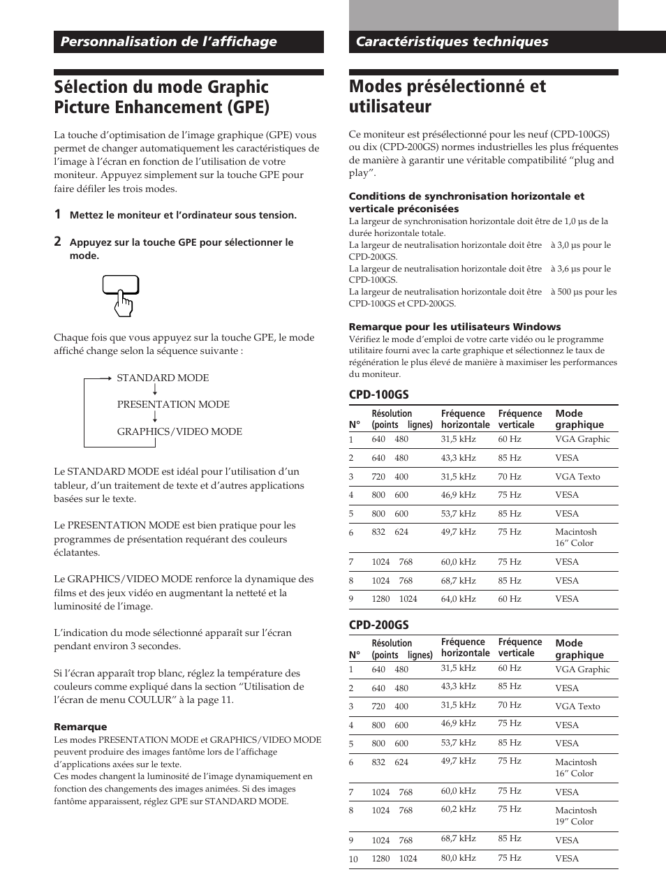 Modes présélectionné et utilisateur, Personnalisation de l’affichage, Caractéristiques techniques | Cpd-100gs, Cpd-200gs | Sony CPD-200GS User Manual | Page 34 / 57