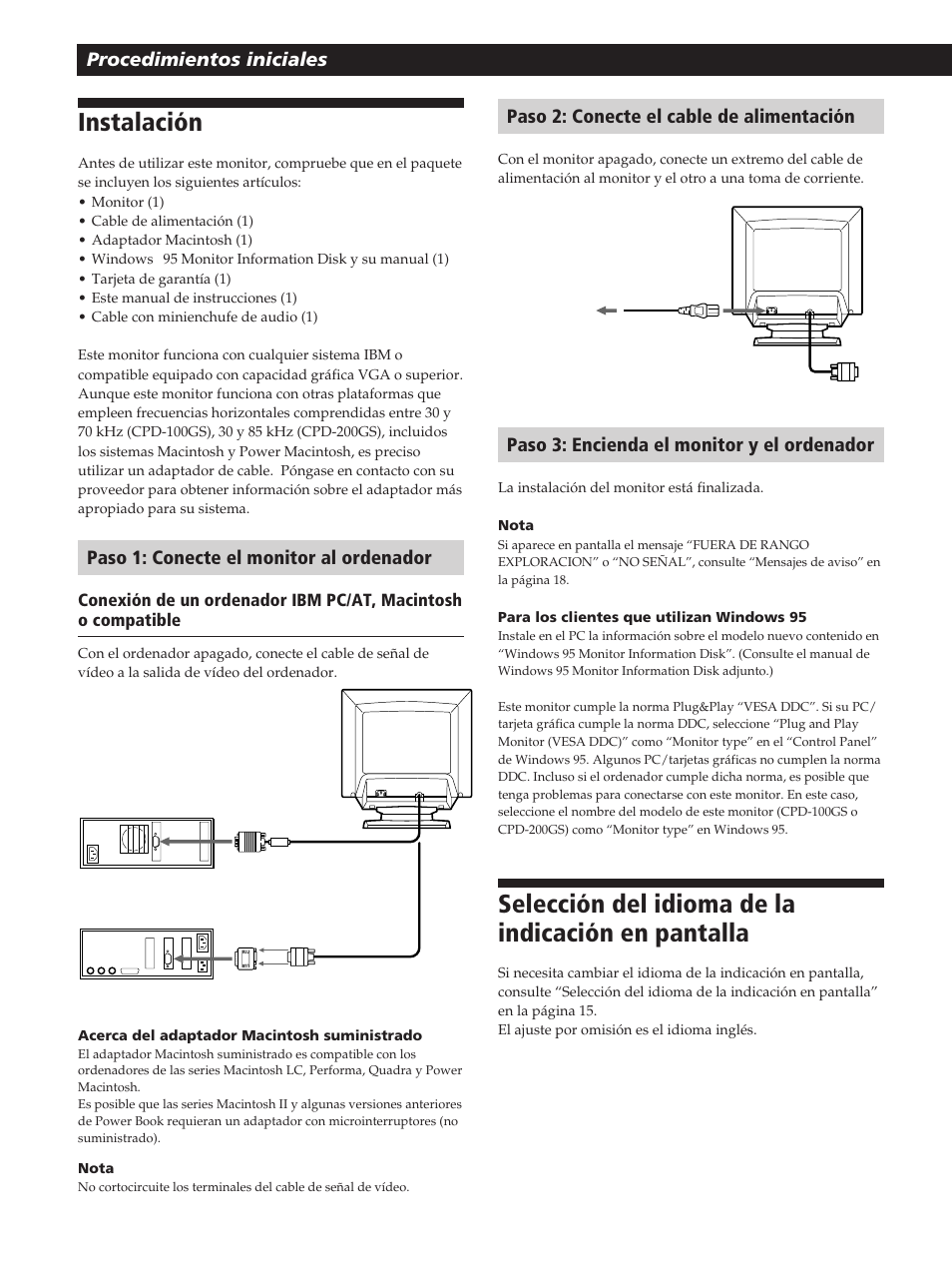 Selección del idioma de la indicación en pantalla, Instalación, Paso 3: encienda el monitor y el ordenador | Paso 1: conecte el monitor al ordenador | Sony CPD-200GS User Manual | Page 42 / 57