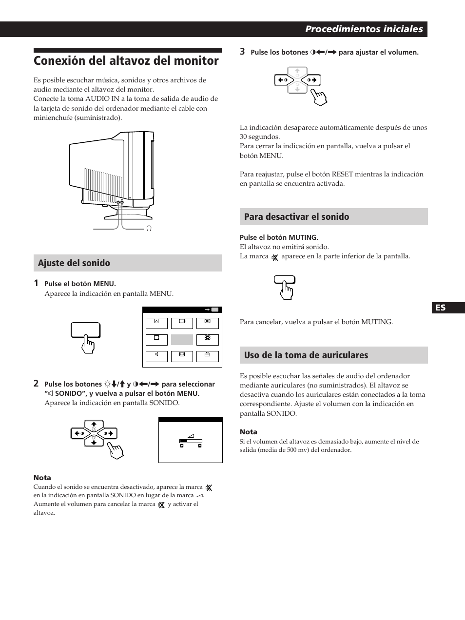 Conexión del altavoz del monitor, Procedimientos iniciales, Ajuste del sonido 1 | Para desactivar el sonido, Uso de la toma de auriculares | Sony CPD-200GS User Manual | Page 43 / 57