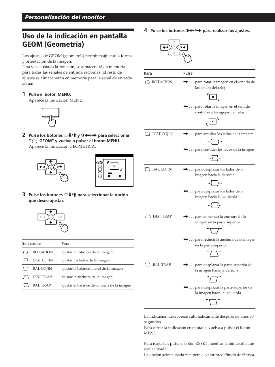 Uso de la indicación en pantalla geom (geometría), Personalización del monitor | Sony CPD-200GS User Manual | Page 46 / 57