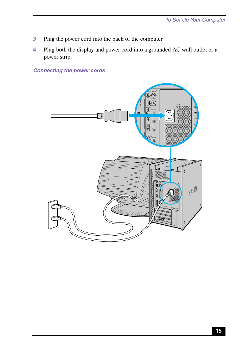 Connecting the power cords | Sony PCV-RX540 User Manual | Page 15 / 56