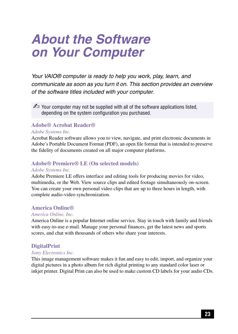 About the software on your computer | Sony PCV-RX540 User Manual | Page 23 / 56
