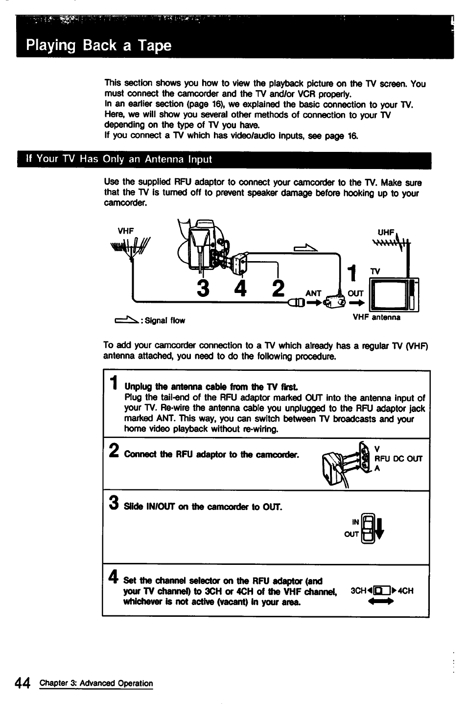 Playing back a tape | Sony CCD-TR9 User Manual | Page 44 / 72