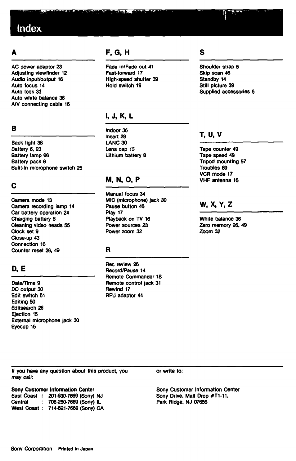 Index, Af,g, h, 1, j. k, l b | T, u, v, M, n, 0, p, X, y, z, D, e | Sony CCD-TR9 User Manual | Page 72 / 72