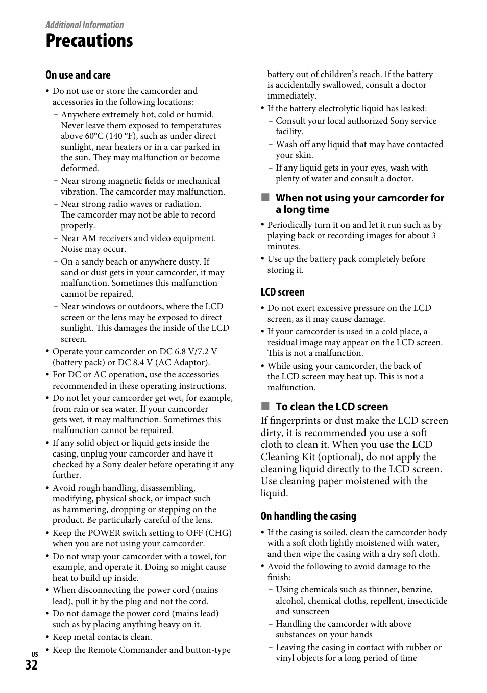 Additional information, Precautions, Precautions” (p | On use and care, Lcd screen, On handling the casing, When not using your camcorder for a long time | Sony HDR-CX12 User Manual | Page 32 / 72