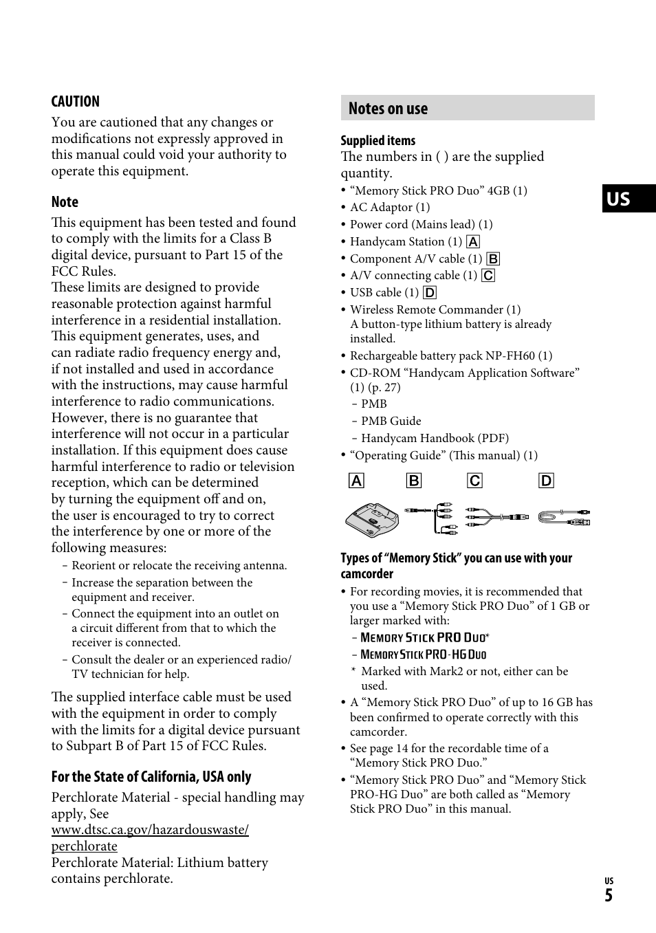 Caution, For the state of california, usa only | Sony HDR-CX12 User Manual | Page 5 / 72