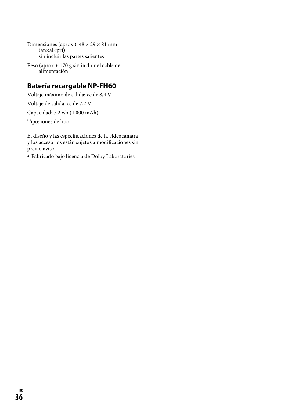 Batería recargable np-fh60 | Sony HDR-CX12 User Manual | Page 70 / 72