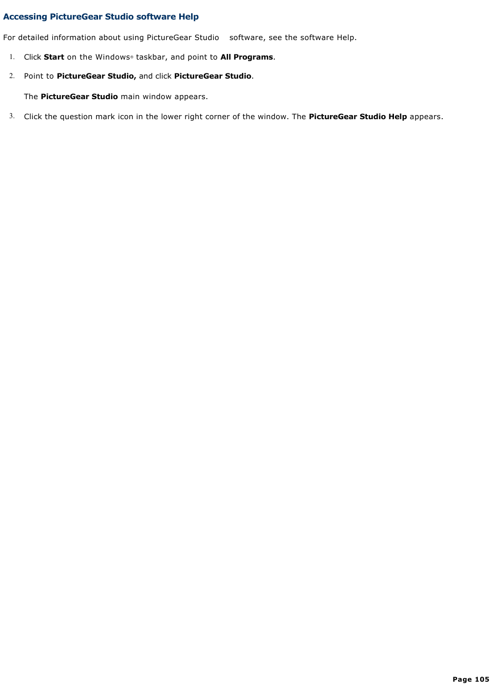 Accessing picturegear studio software help | Sony VGC-RA810G User Manual | Page 105 / 254