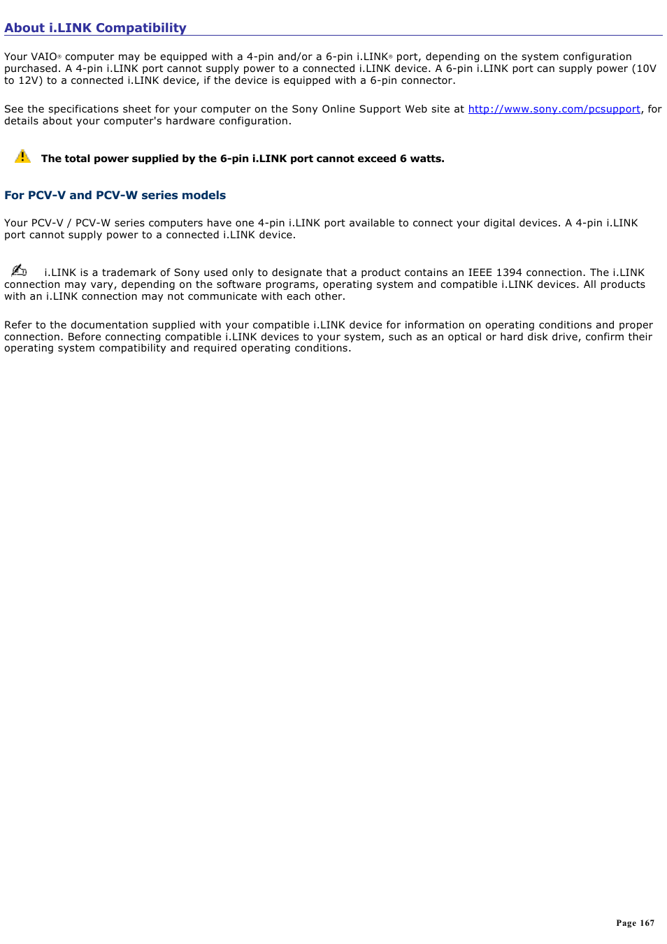 About i.link compatibility | Sony VGC-RA810G User Manual | Page 167 / 254