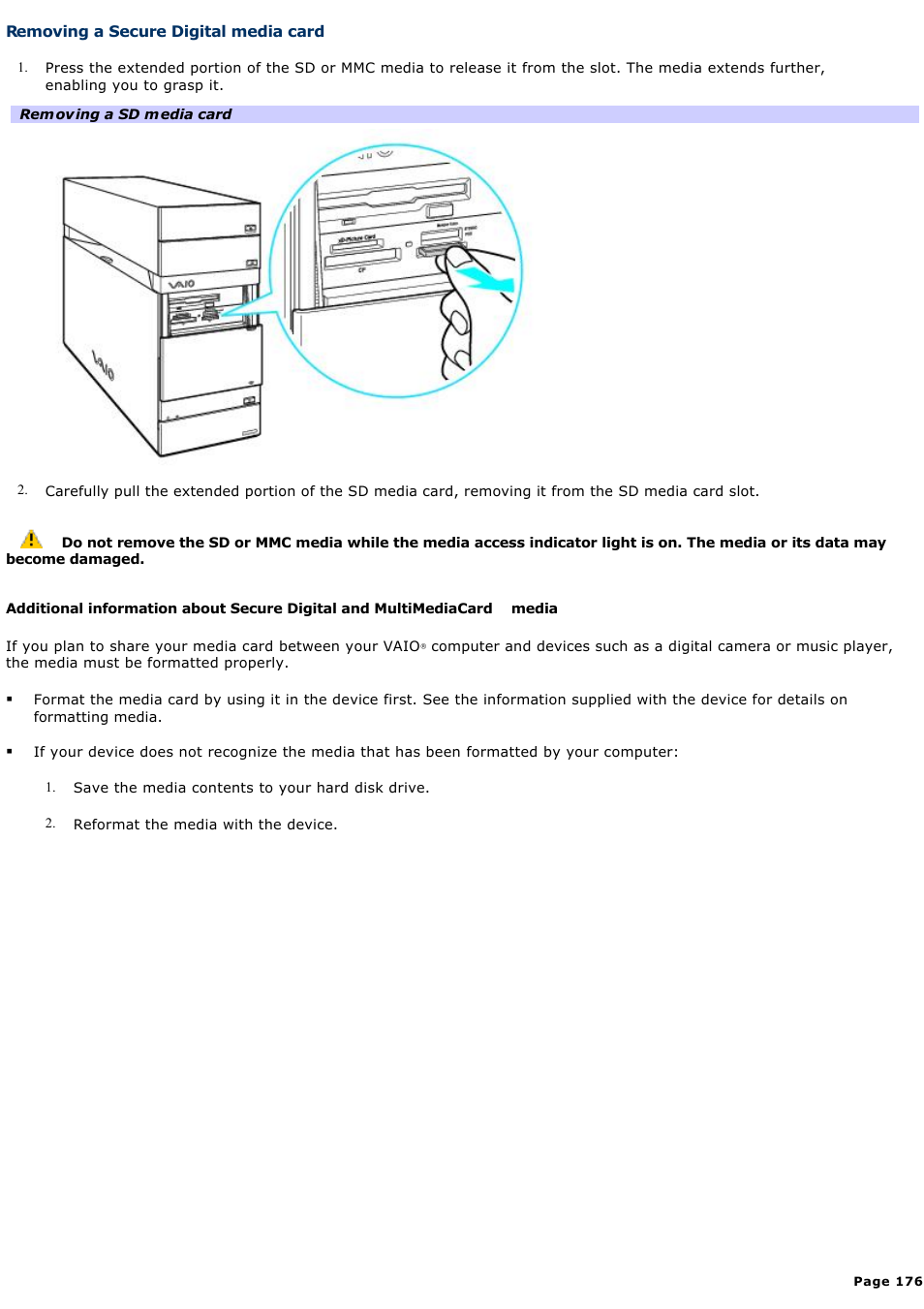 Removing a secure digital media card | Sony VGC-RA810G User Manual | Page 176 / 254