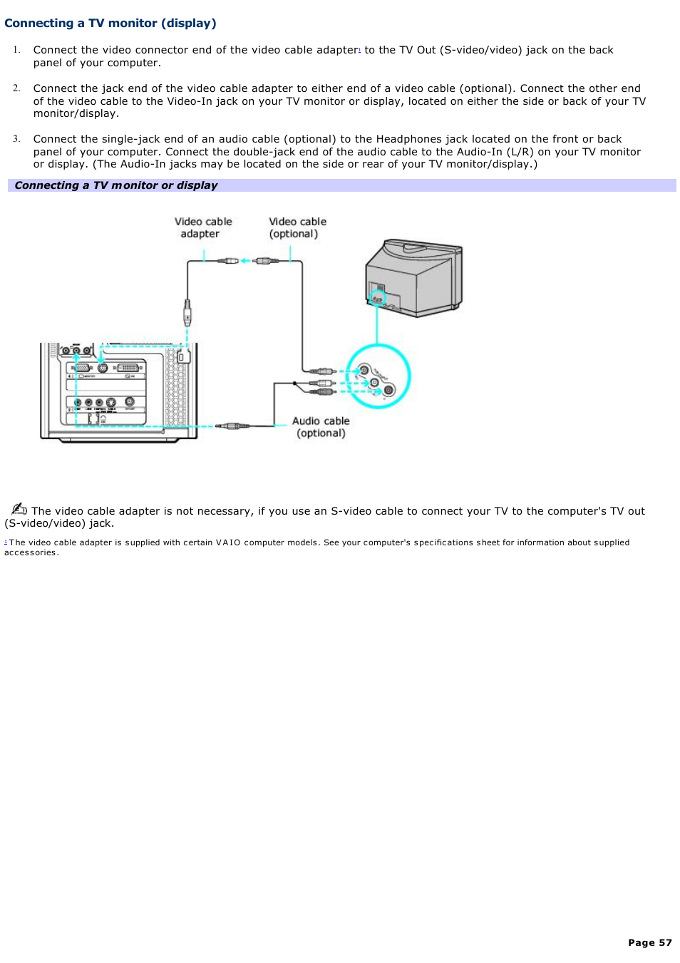 Connecting a tv monitor (display) | Sony VGC-RA810G User Manual | Page 57 / 254
