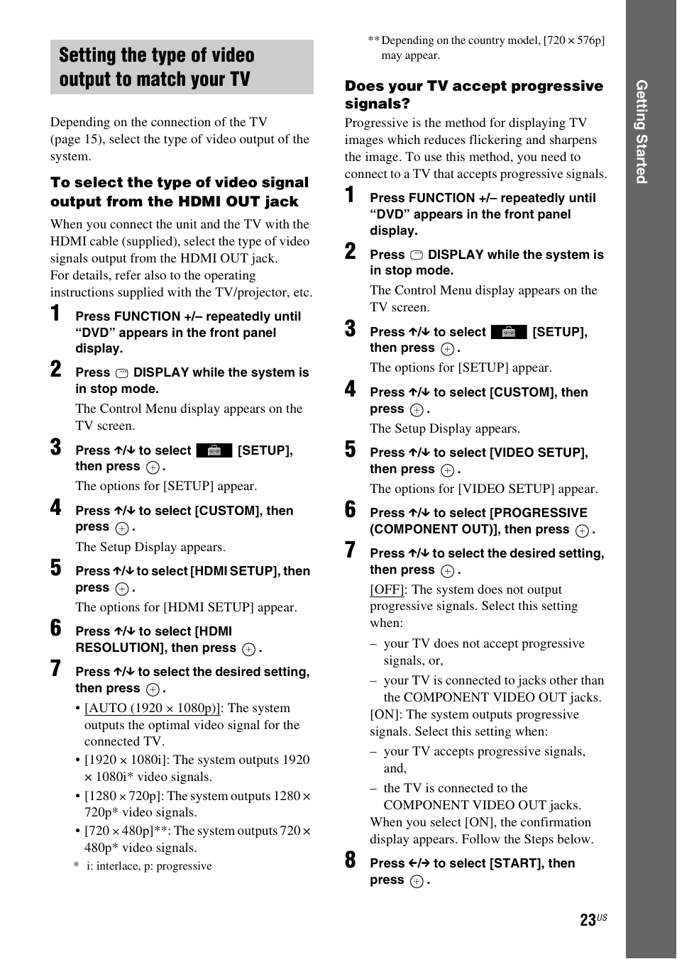 Setting the type of video output to match your tv | Sony DAV-HDX274 User Manual | Page 23 / 92