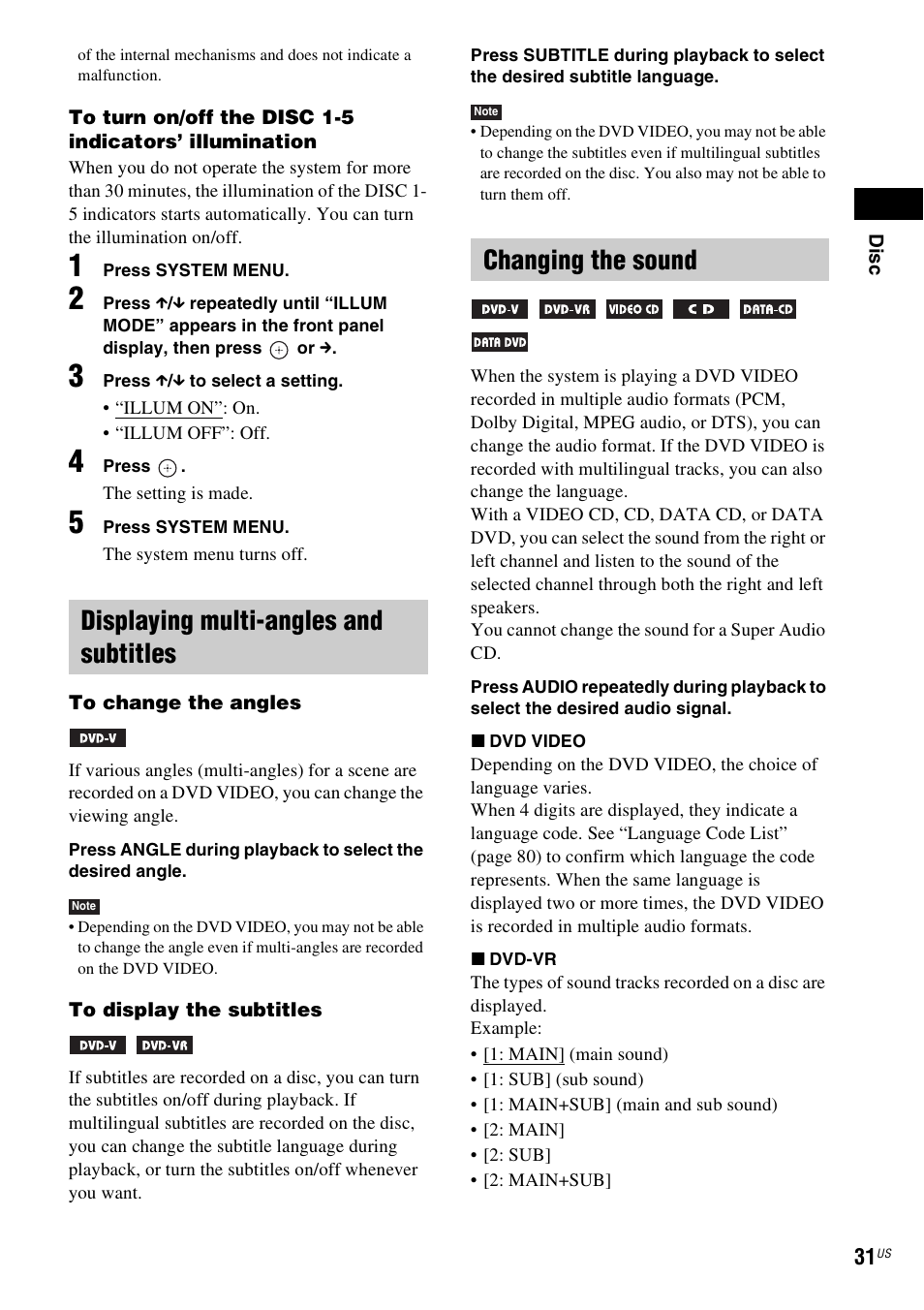 Displaying multi-angles and subtitles, Changing the sound | Sony DAV-HDX274 User Manual | Page 31 / 92