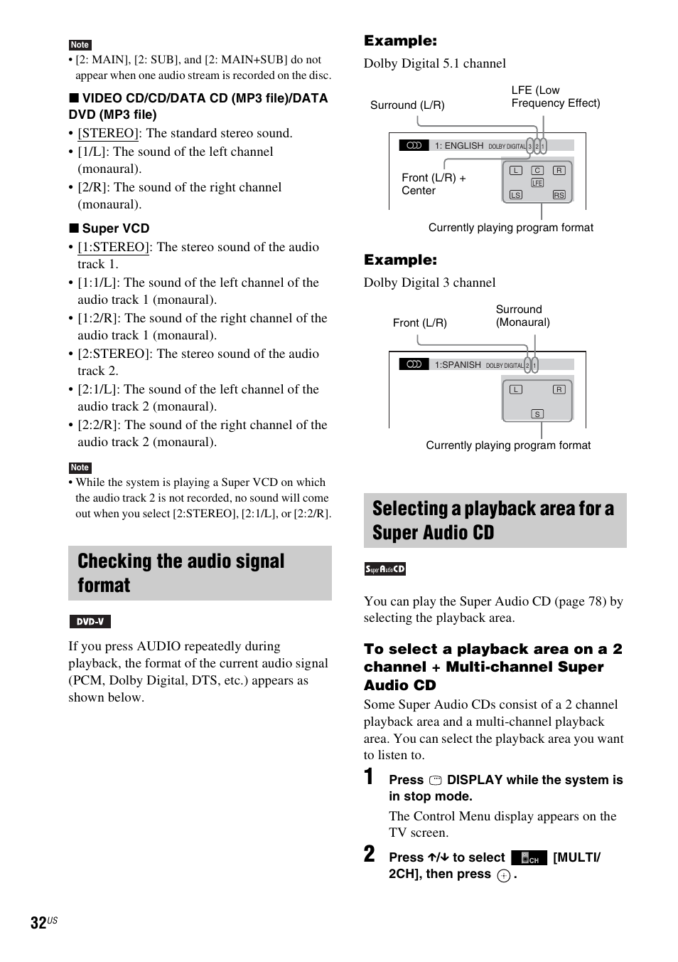 Checking the audio signal format, Selecting a playback area for a super audio cd | Sony DAV-HDX274 User Manual | Page 32 / 92