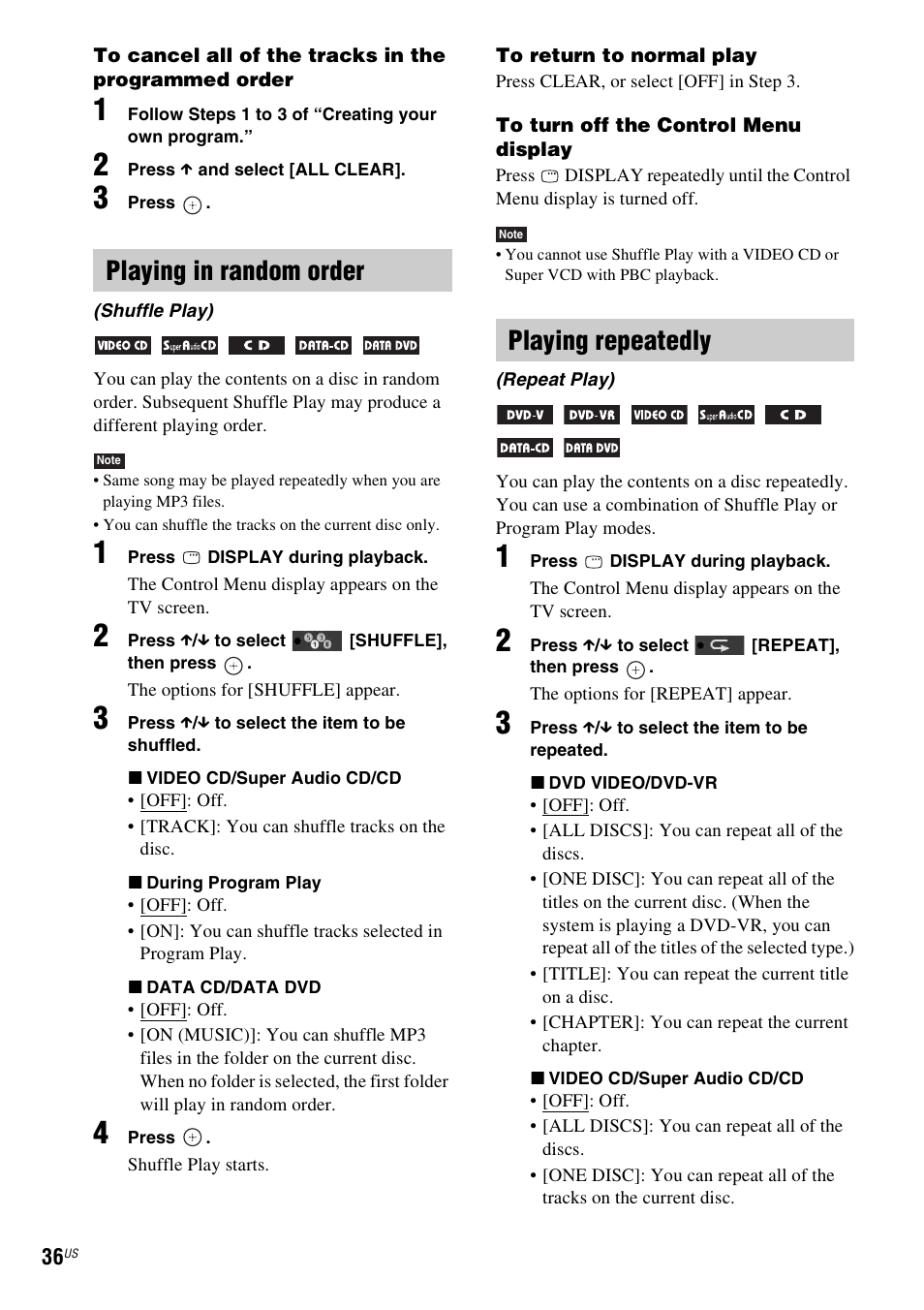 Playing in random order, Playing repeatedly | Sony DAV-HDX274 User Manual | Page 36 / 92